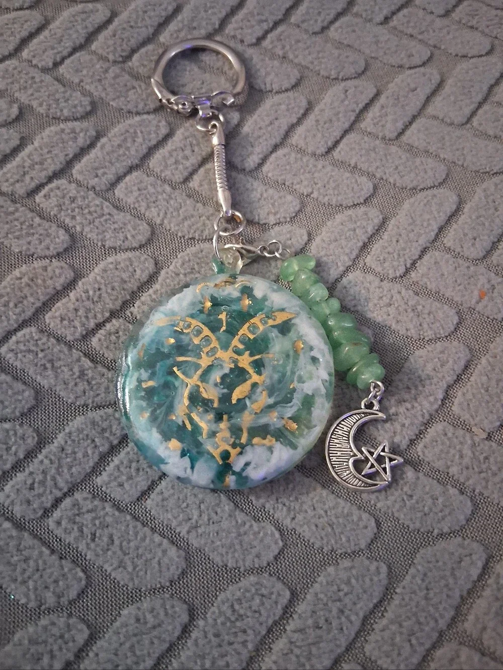 Aries Green Swirling Resin Keychain with Gold Trim